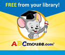 A mouse wearing a graduation cap with a diploma in hand with blue and yellow background and the words Free from your library abcmouse.com