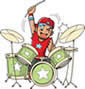Anime image of a boy in red clothing playing green drums