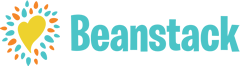 The word Beanstack in blue-green color on a white background with a yellow heart surrounded by blue-green and orange spots to the left of the word.