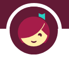 circle with maroon background and a girl's face with red hair and a bow in the hair