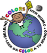 Words: Reading colors your world. Leer da color a tu mundo. The words circle around a globe with a man standing on the globe and holding a yellow book