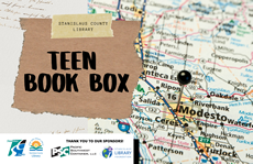 A light brown area that looks like torn paper with the words Teen Book Box in black on a white background is on the left. On the right is a map of parts of Stanislaus County and San Joaquin County.