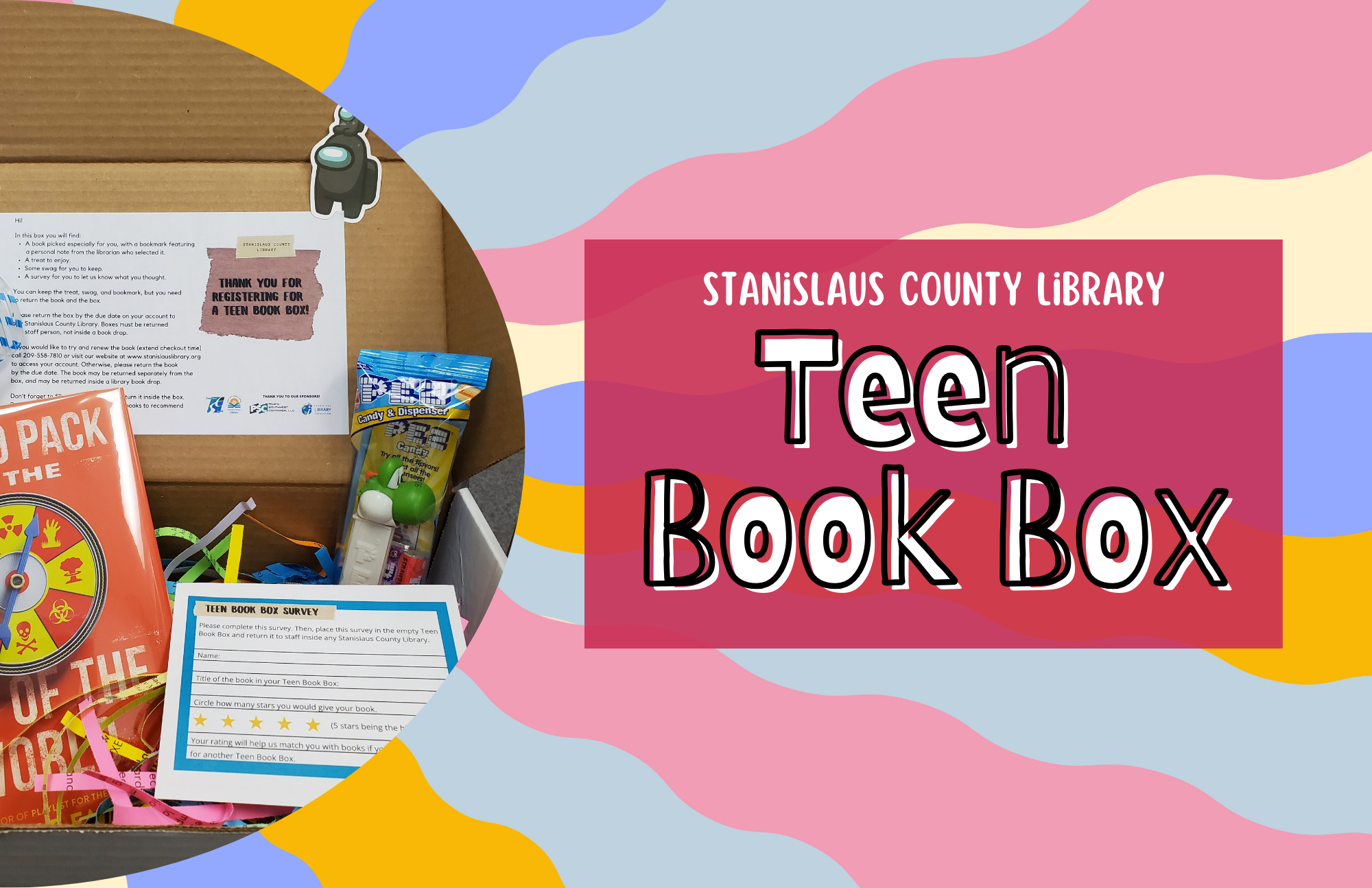 A light brown area that looks like torn paper with the words Teen Book Box in black on a white background is on the left. On the right is a map of parts of Stanislaus County and San Joaquin County.