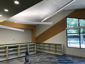 Shelving in the Children's area of the library on gray and blue carpeting. The walls are tan with a large wide orange diagonal stripe on the walls. There is a large window to the right and a tree can be seen through the window.