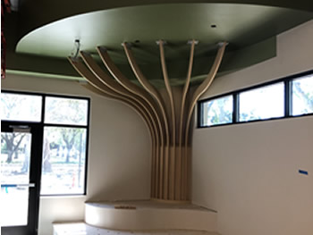 The frame for the Children's area Learning Tree, with green painted on the ceiling and the wooden frame for the trunk and branches going up the wall and steps going up to the tree. There is a glass door to the left and there are windows to the right and up high on the tan wall.