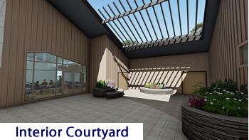 The rendering of the courtyard at the Turlock Library.
