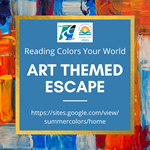 Square image with a smaller square section inside with a blue background. The county logo and the library logo are side by side in the top top center. Reading colors your world art themed escape. https://sites.google.com/view/summercolors/home. Around the blue square there are a variety of oil painted splotches with some in orange, blue, white, and red.