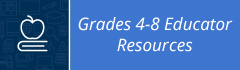 Grades 4-8 Educator Resources on a medium blue background. A drawing of an apple on a book is to the left on a dark blue background.