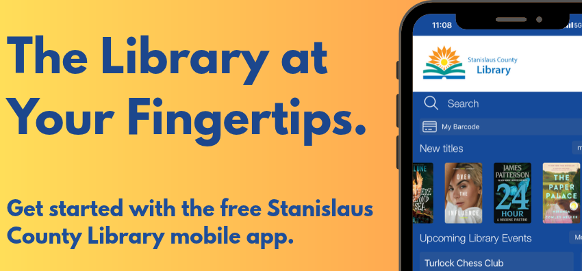 Cell phone on orange background displaying image of Stanislaus County Library app