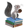 A gray squirrel holding an acorn sitting on top of a stack of 3 books.