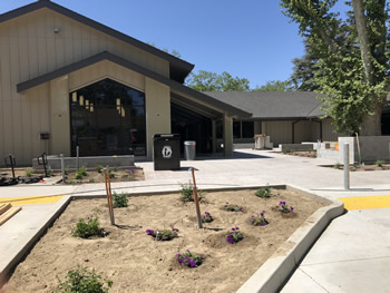 The exterior of the library with landscaping. There are several new plants just starting, the book drop is in the picture, as well as the large window at the front of the library.